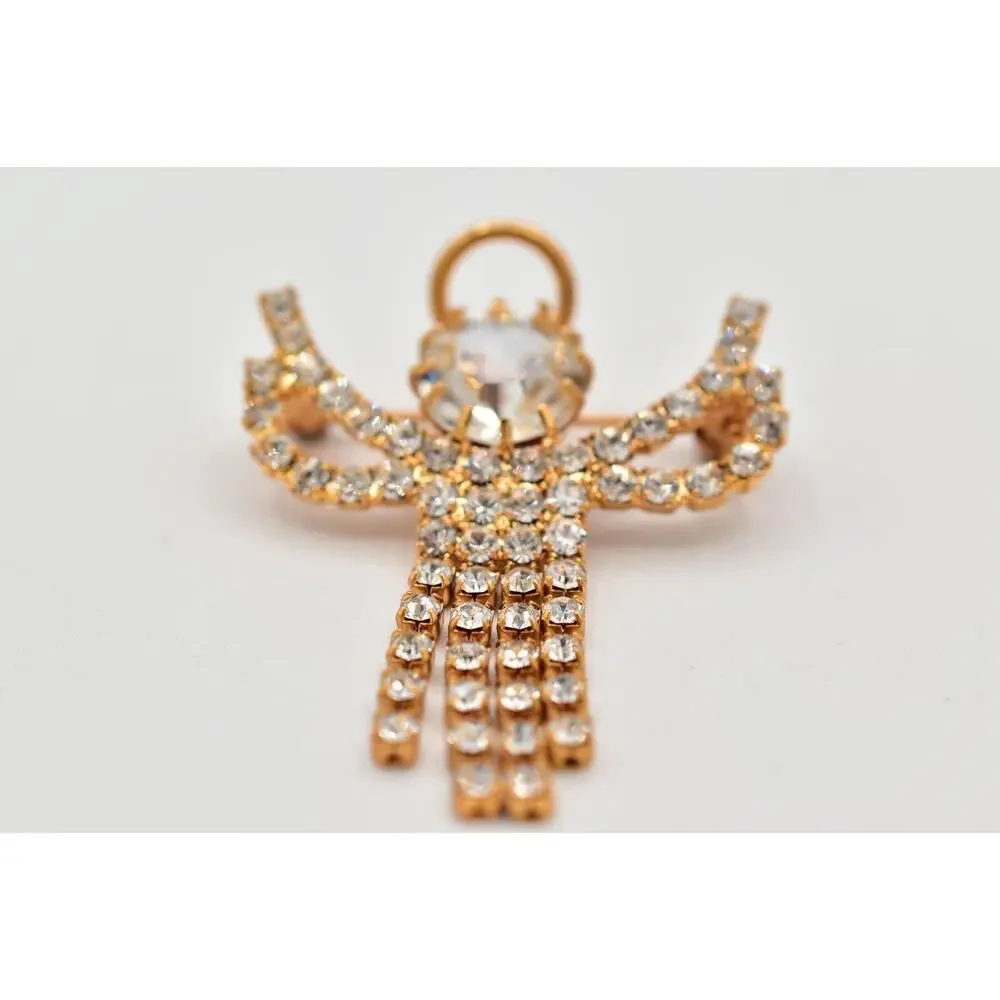 Vintage Crystal Angel Pin Brooch Prong Rhinestone Halo Gold Tone Fringe BinAL